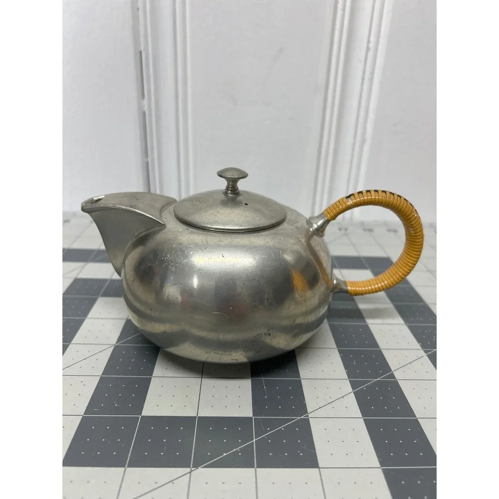 Vtg Royal Holland Pewter Tea Set Silver MCM Wicker Handle Teapot Creamer Sugar